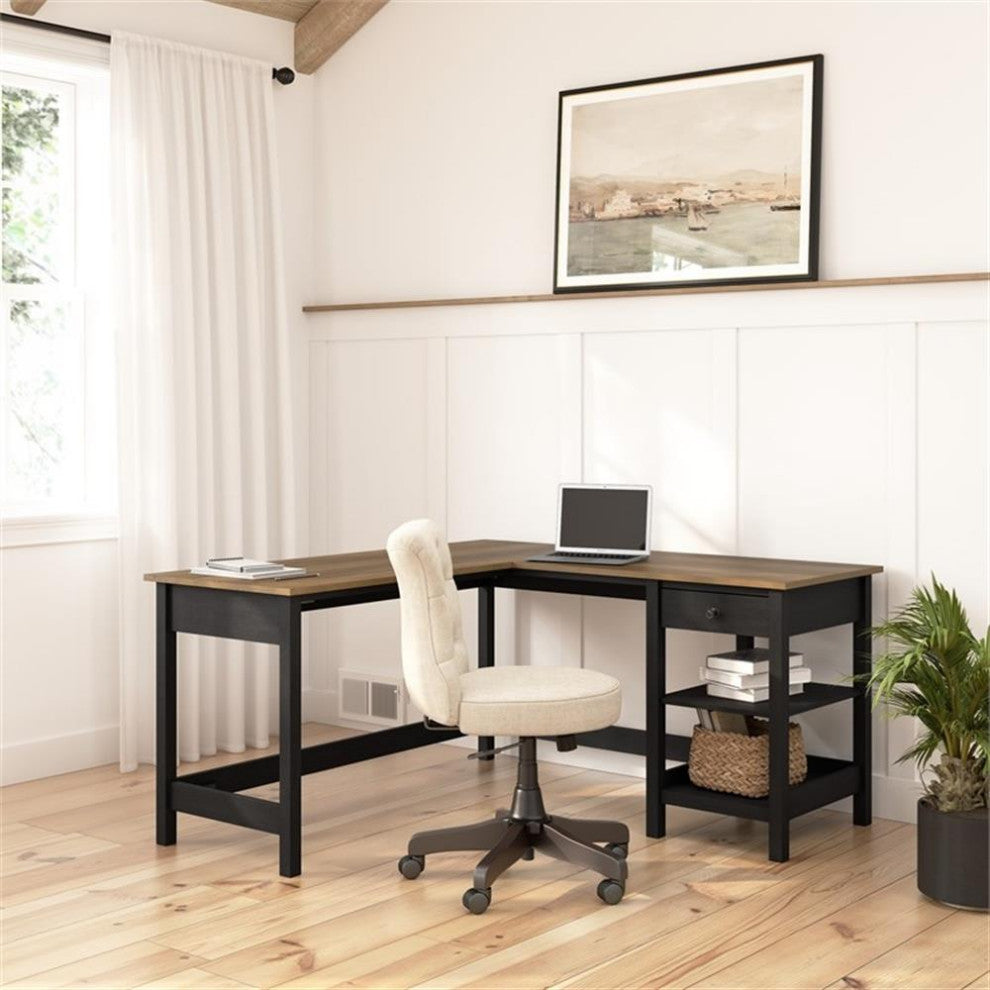 Pemberly Row 60W L Shaped Computer Desk in Vintage Black and Reclaimed Pine