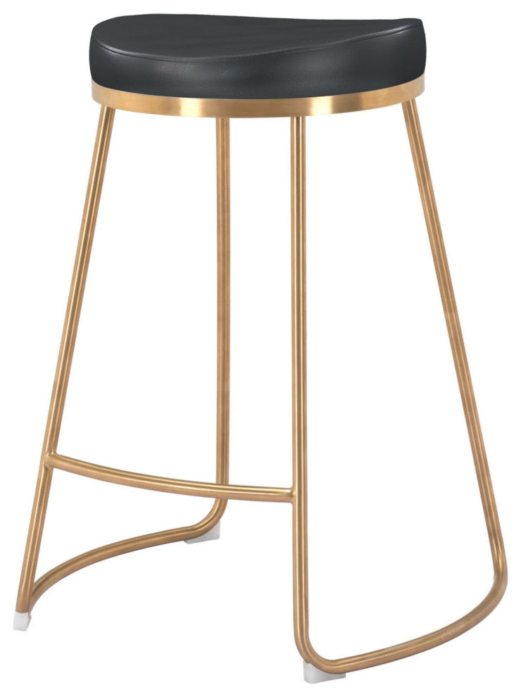 Counter Stool Chair, Set of 2, Faux Vinyl Leather, Steel, Black, Gold, Cafe