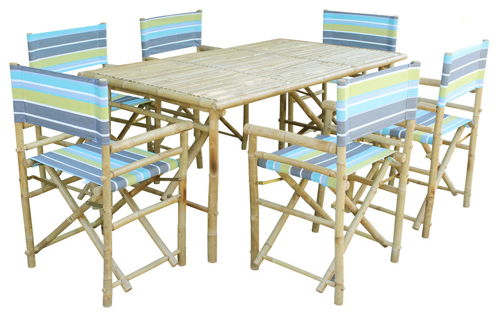Set of Bamboo Rectangular Table, 6 Director Chair, Green Stripes