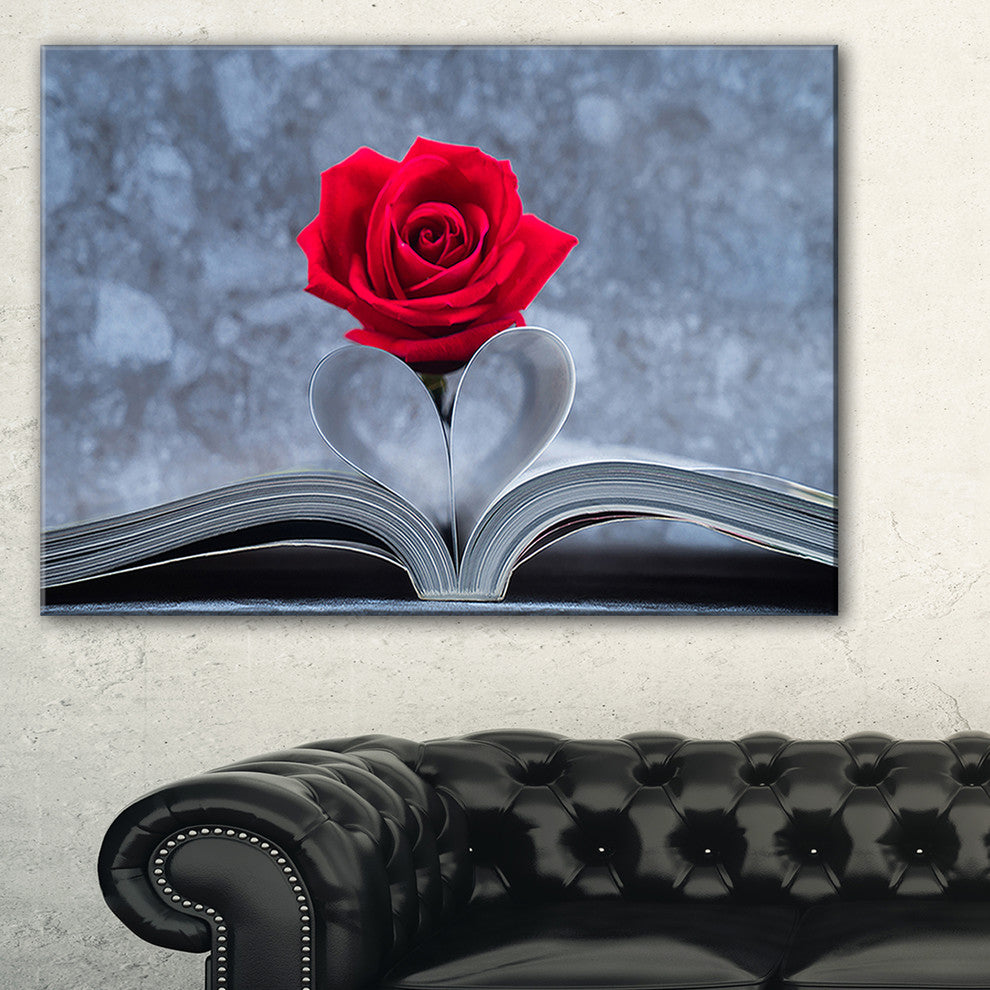 "Red Rose Inside the Book" Floral Art Canvas Print, 32"x16"