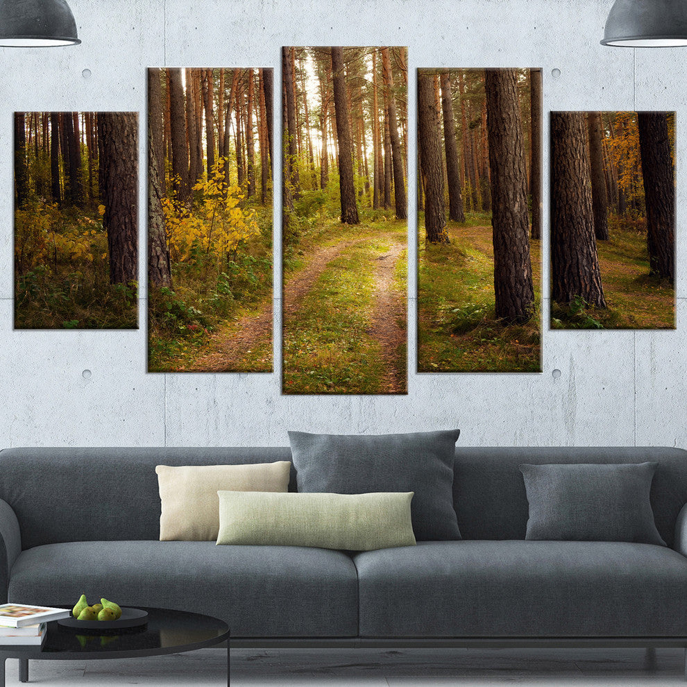 Road through Thick Fall Forest, Modern Forest Canvas Art, 60"x32", 5 Panels
