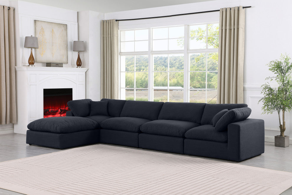 Comfy Upholstered L-Shaped Modular Sectional, Black, 5-Piece: 2 Armless Chair, 2 Corner Chair, 1 Ottoman, Linen Textured Fabric