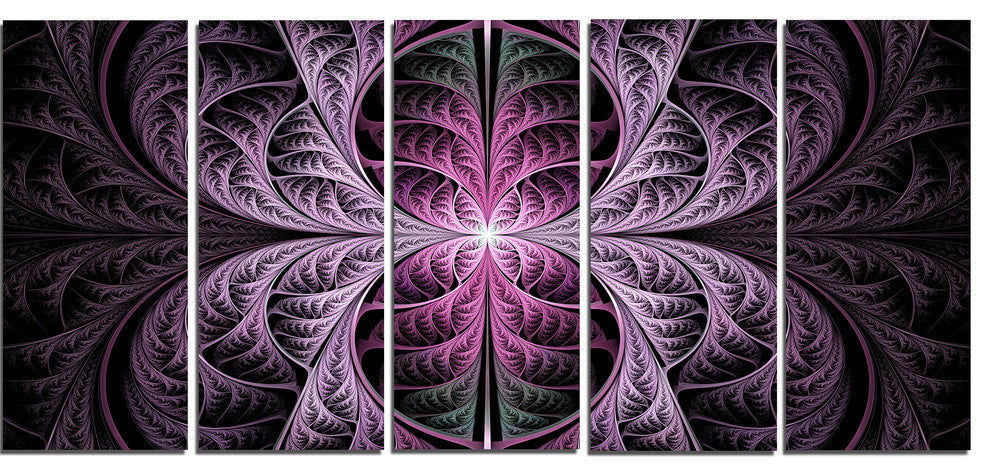 Purple Glowing Fractal Stained Glass, Abstract Canvas Print, 60"x28", 5 Panels