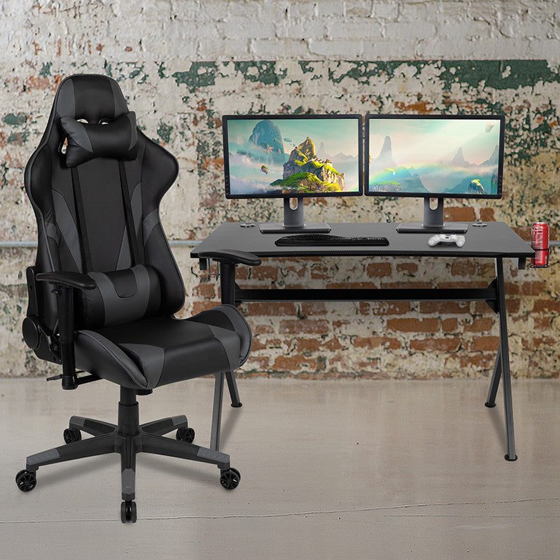 Gaming Desk & Reclining Chair Set w/Cup Holder,Hook & 2 Wire Management Holes, G