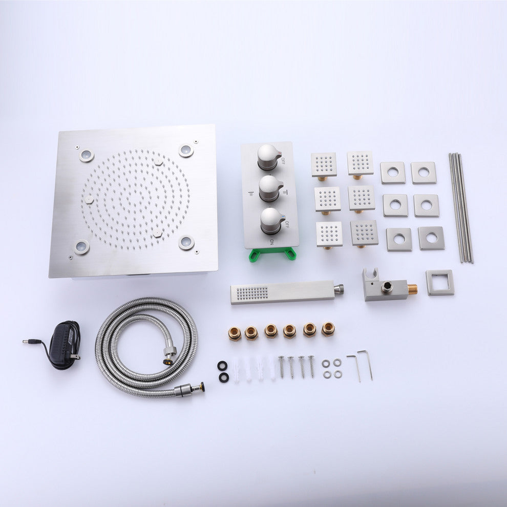 Luxury LED Rain Shower System With Rough-In Valve & 6 Body Jets, Brushed Nickel
