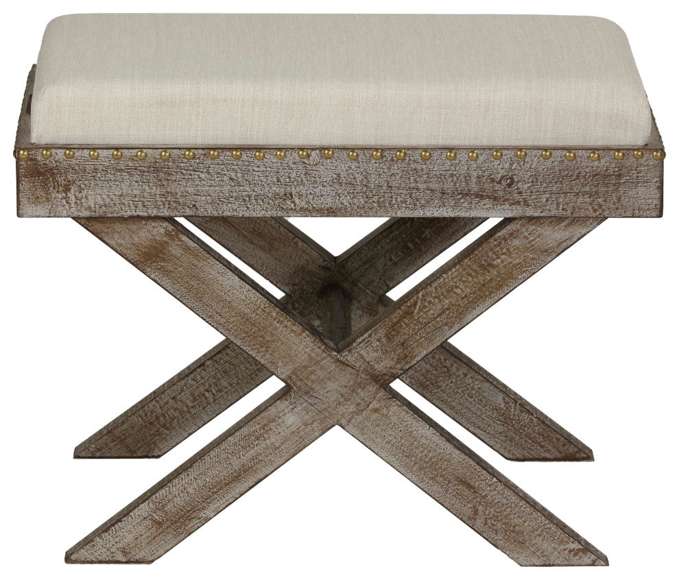 Cortesi Home Lupin Distressed Wood Tray Top Ottoman with Beige Fabric Top