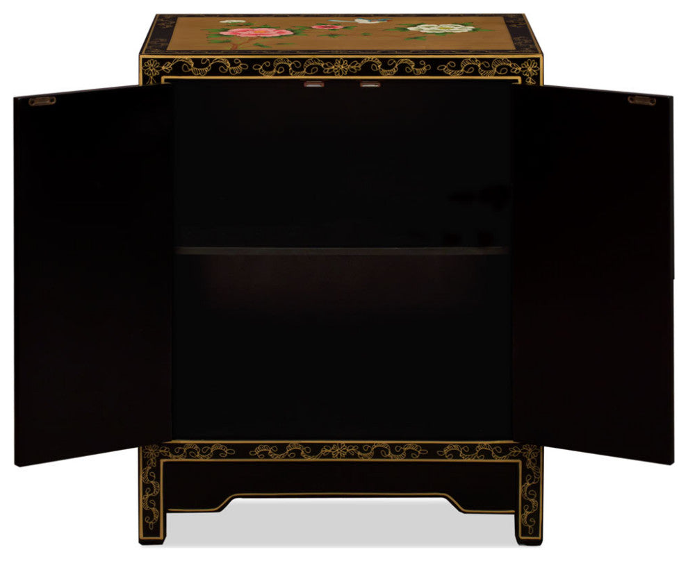 Gold Leaf Chinoiserie Bird and Flower Oriental Cabinet