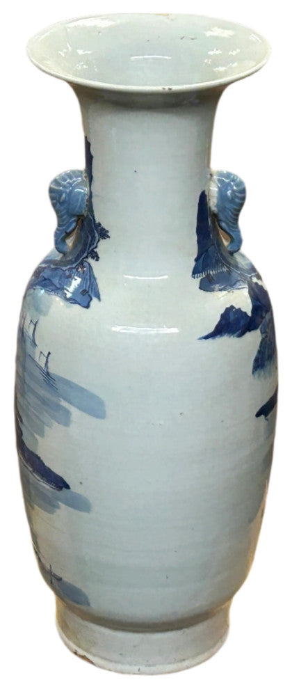 23" Vintage Blue White Scenery Porcelain Elephant Head Ear Art Vase Hws4363