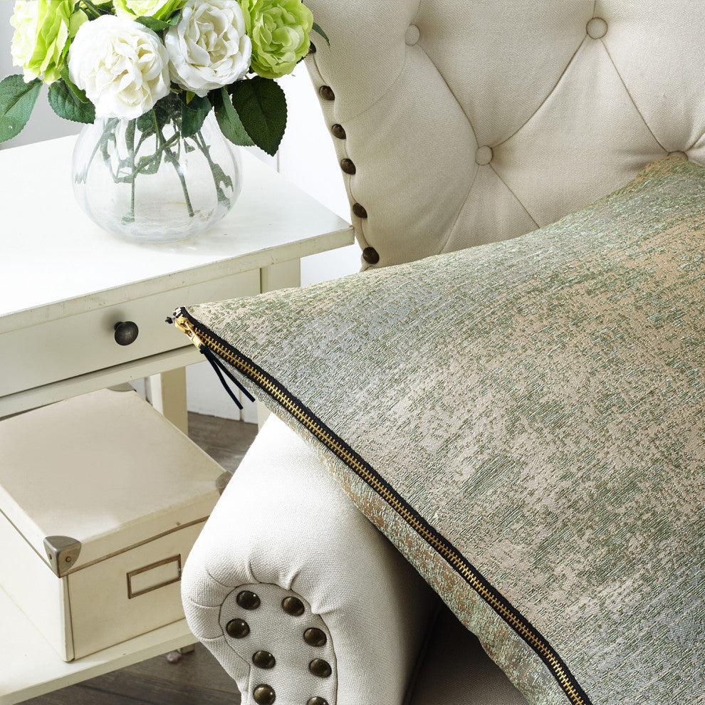 Jacquard Chenille Big Zipper Pillow Cover Set, Taupe / Sage, 2 Piece, 26"x26"