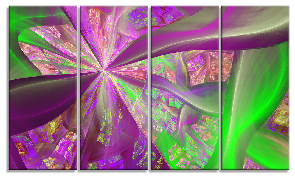 Pink Green Fractal Curves, Abstract Canvas Art Print, 48"x28", 4 Panels