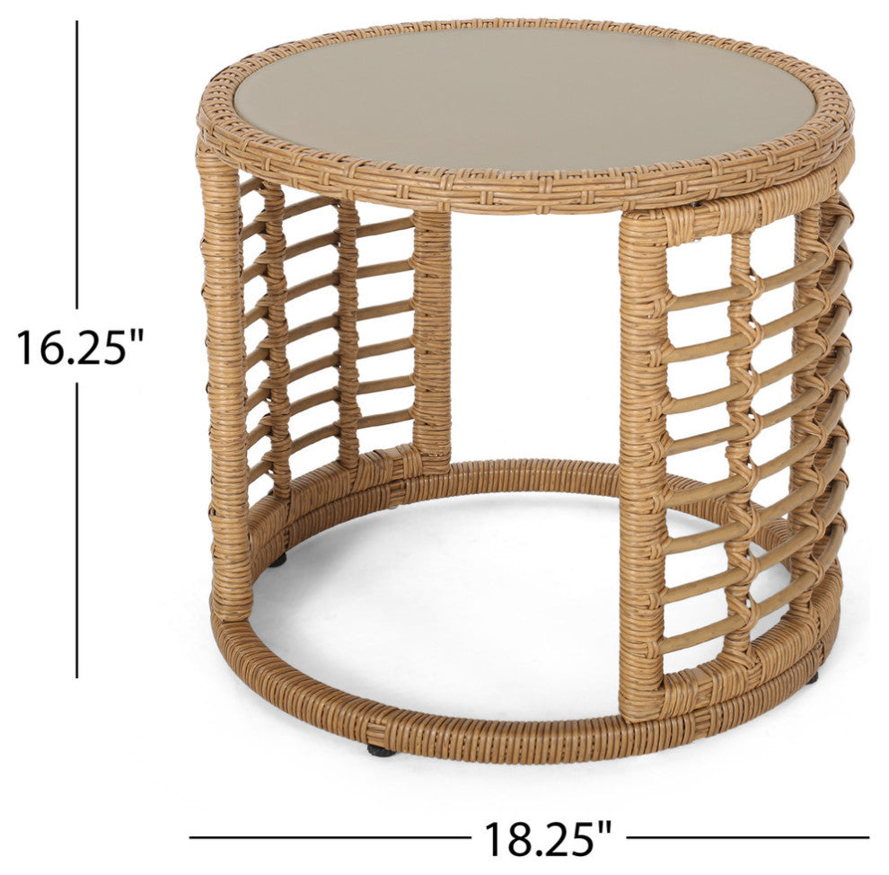 Anne Indoor Modern Boho Wicker Side Table With Tempered Glass Top, Light Brown