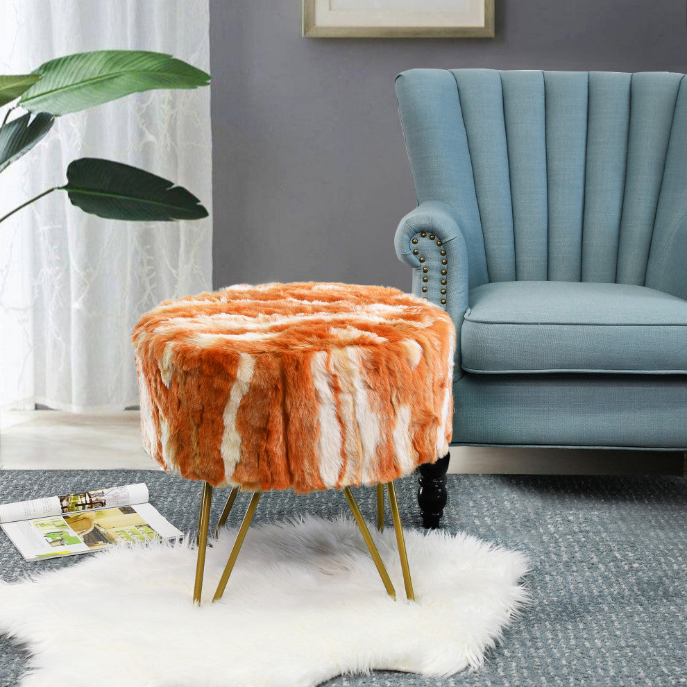 Fauxfur Ottoman Round Fuzzy Entryway Bench, Burnt Orange, 18"x18"x18"