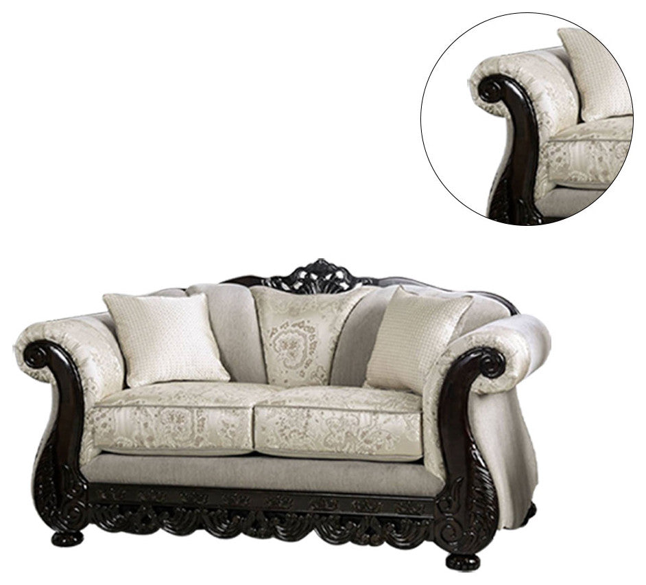 Chenille Love Seat with Wood Trim Design, Ivory