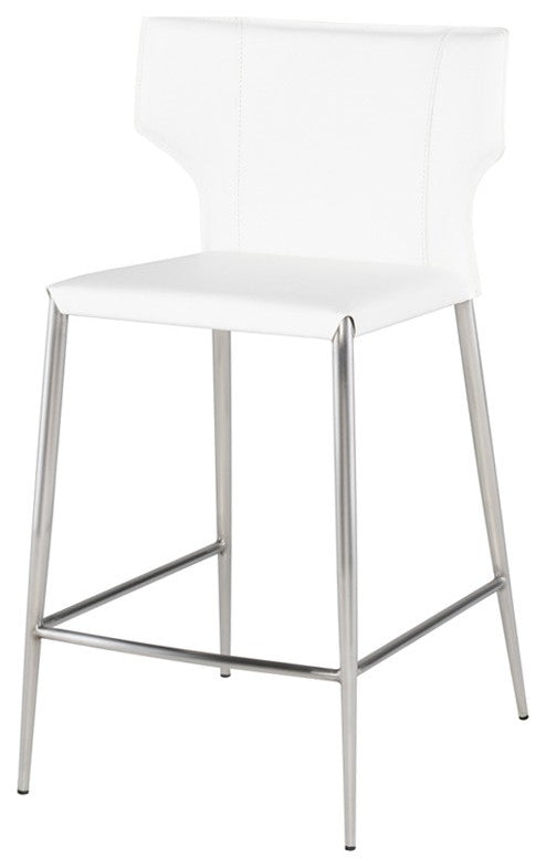 Wayne Bar Stool, Modern Leather Barstool, Brushed Stainless Steel Legs, White