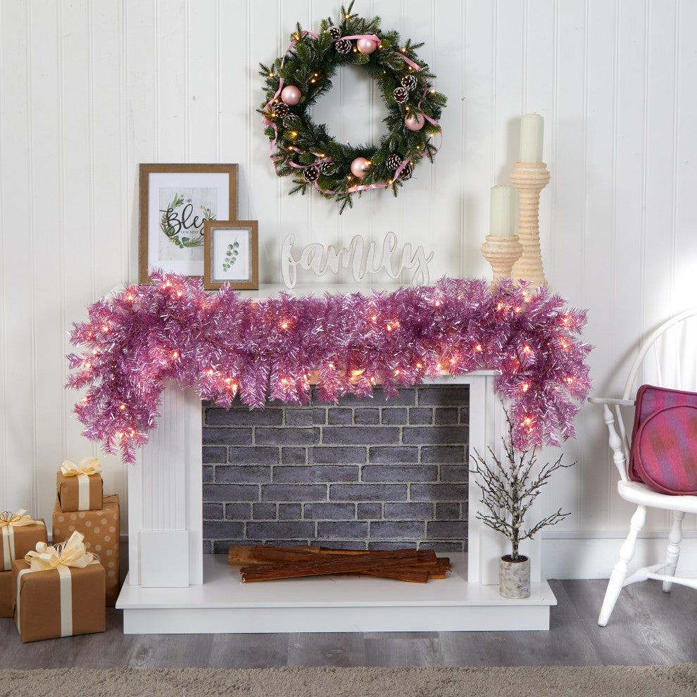 6' Pink Artificial Christmas Garland With 50 White Warm Lights