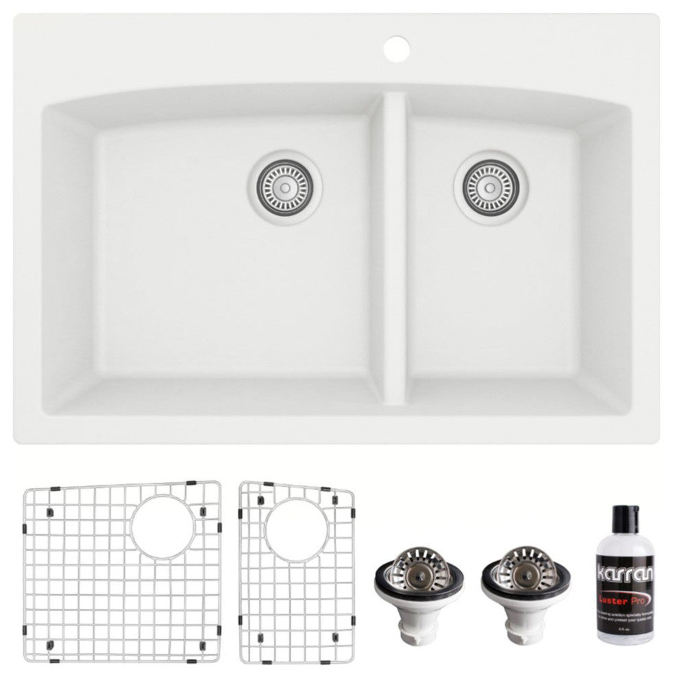 Karran Drop-In Quartz 33" 1-Hole 60/40 Double Bowl Sink Kit, White