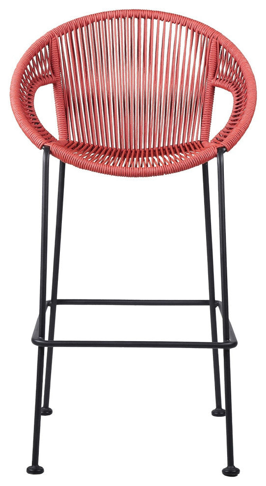 Benzara BM246125 Indoor Outdoor Bar Stool With Rounded Rope Woven Seat, Pink