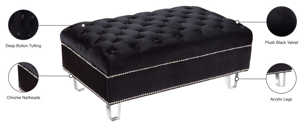 Lucas Velvet Upholstered Ottoman, Black