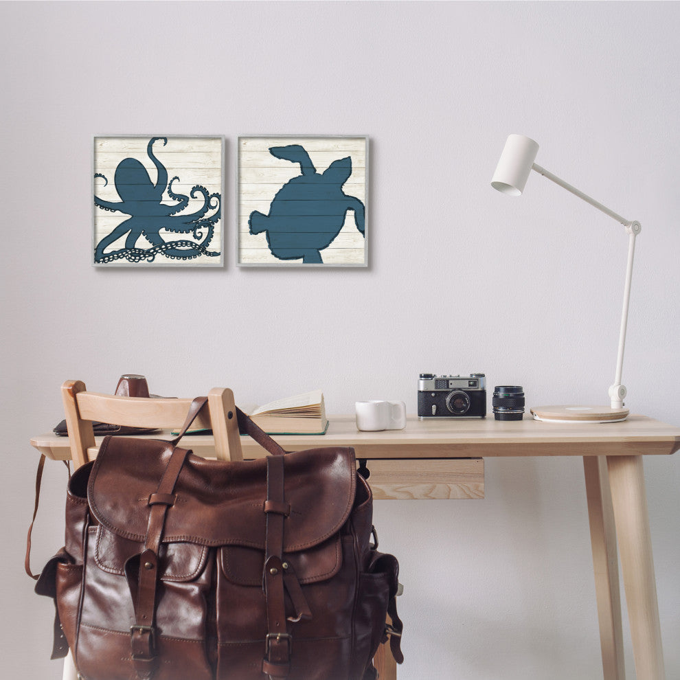 Nautical Blue Silhouette Octopus Sea Turtle Aquatic Animals,12 x 12
