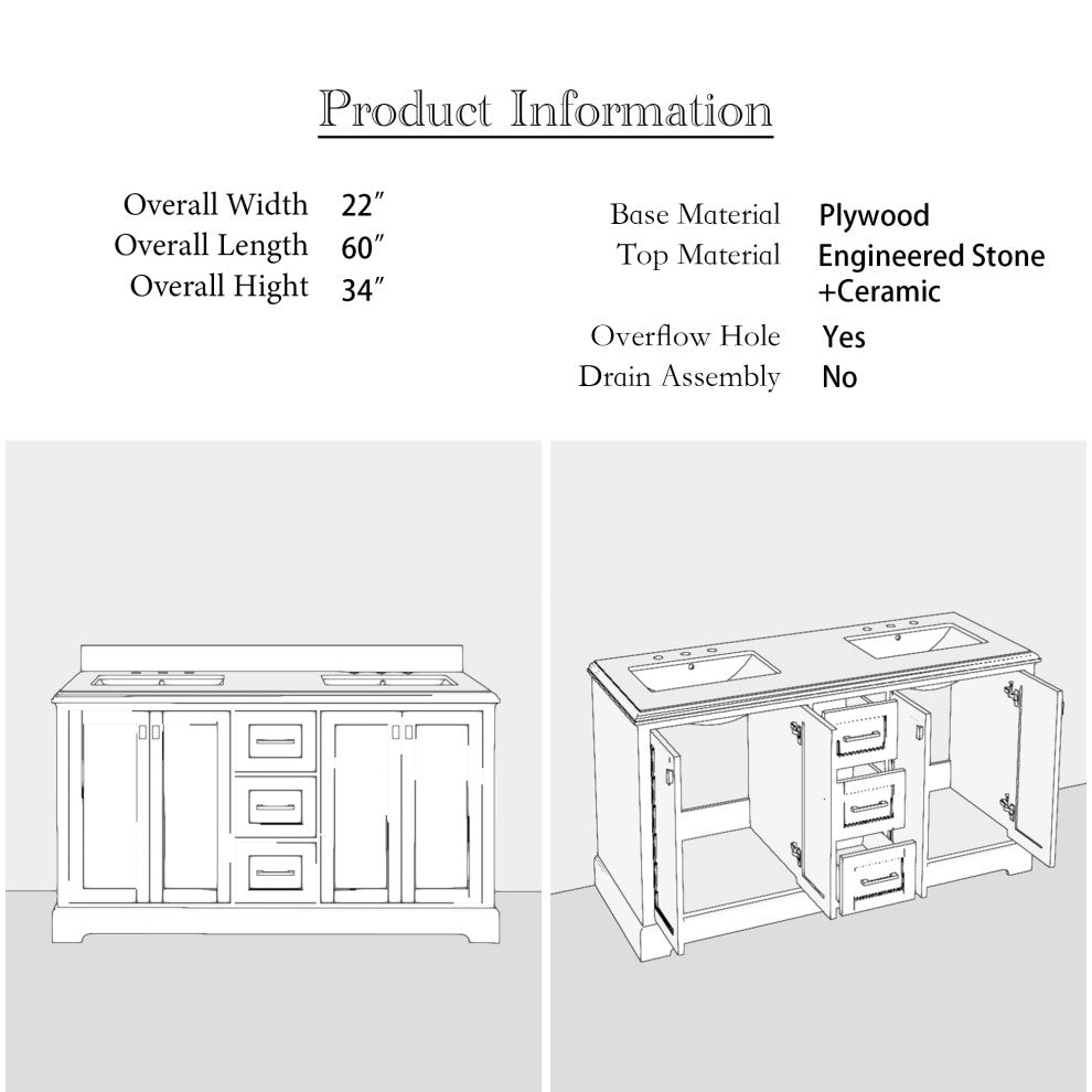 60/72" Plywood Freestanding Bath Vanity Set, Drawer and Ceramic Sink, Venetian Green, 60 Inch