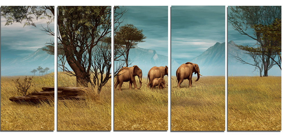 African Elephants Panorama, African Canvas Art Print, 60"x28", 5 Panels
