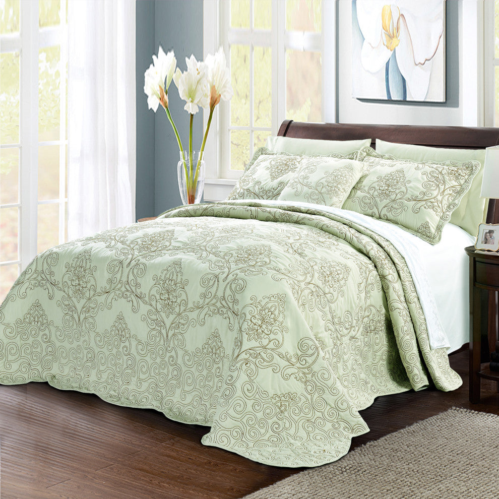 Damask Embroidered Quilted 4 Piece Bed Spread Sets, Light Green, Queen