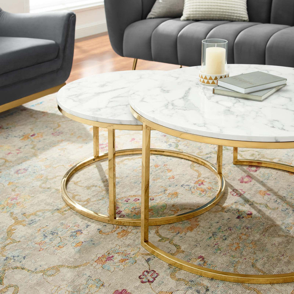 Coffee Table Nesting, Round, Artificial Marble, Metal, Gold White, Modern