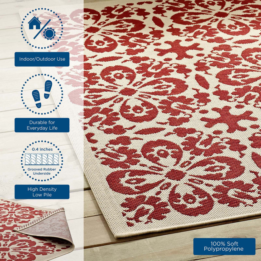 Ariana Vintage Floral Trellis 9x12 Indoor and Outdoor Area Rug, Red and Beige