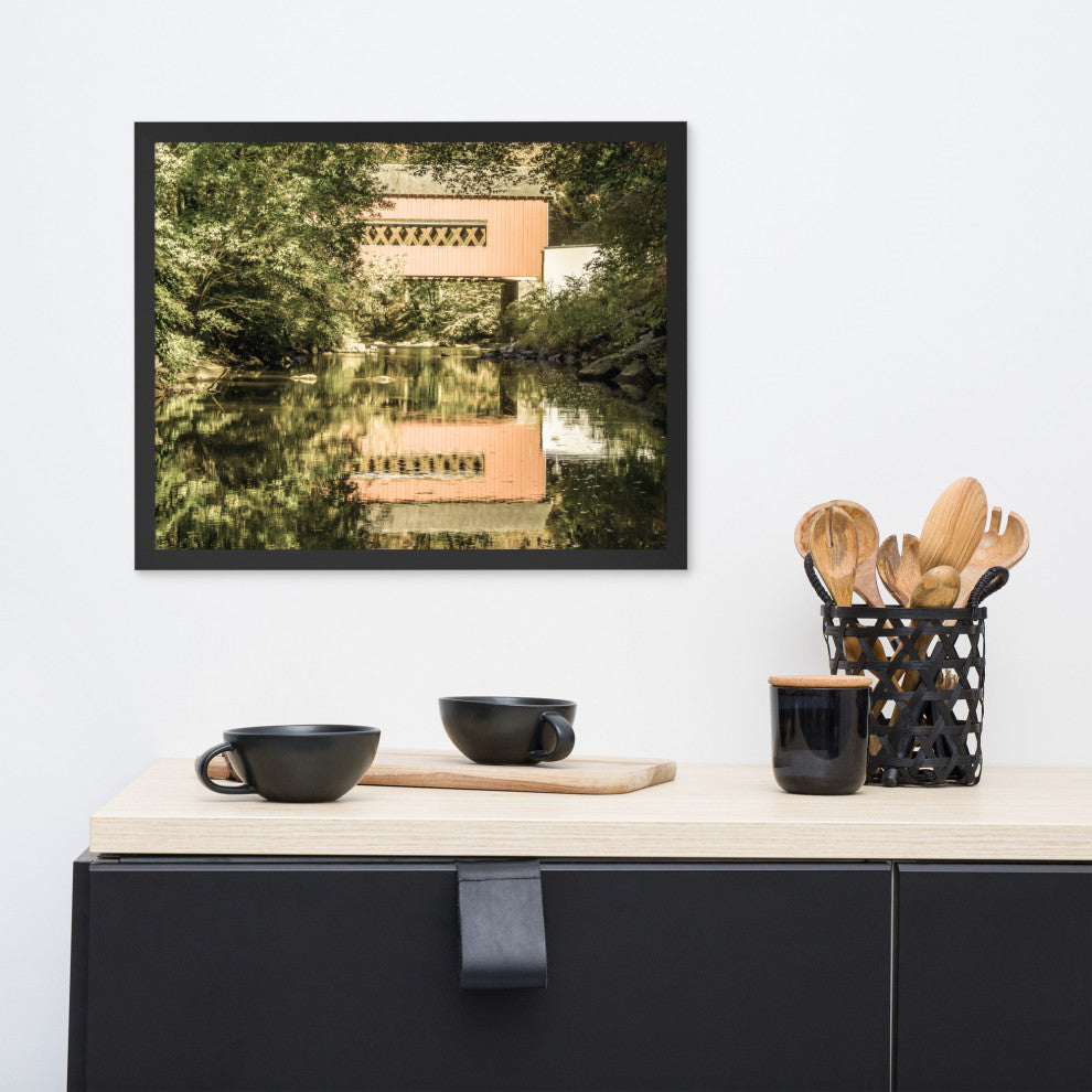The Reflections of Wooddale Covered Bridge Aged Framed Photo Wall Art Print, Black, 16" X 20"