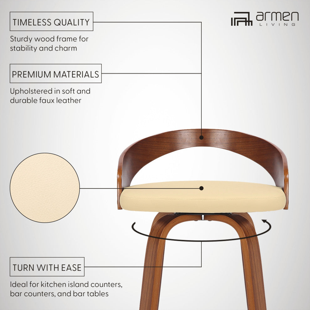 Sonia Swivel Faux Leather and Wood Stool, Cream/Walnut, Bar Height 30"