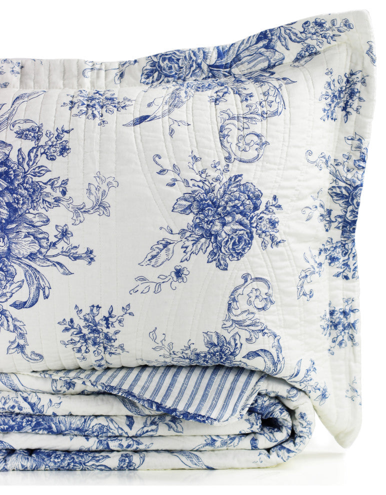 Toile Cotton Reversible Bamboo Stripe Quilt Set, Navy, King