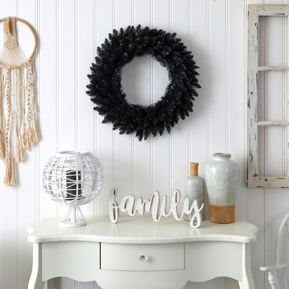 24" Black Artificial Wreath With 35 Warm White LED Lights