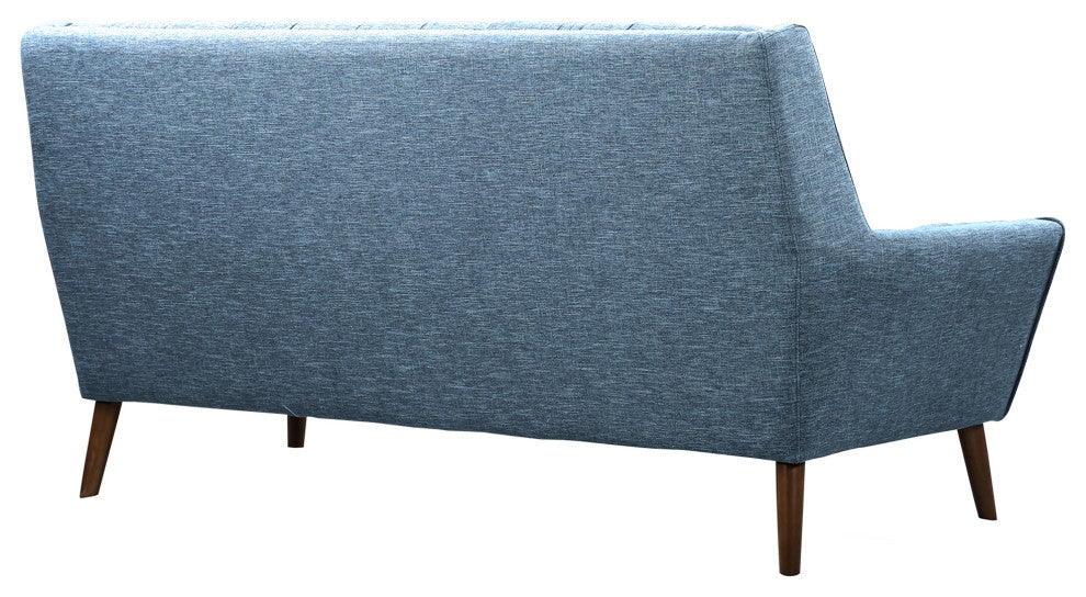 Cobra Mid Century Modern Sofa, Blue Linen and Walnut Legs