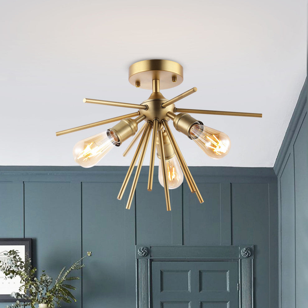 3-Light Sputnik Semi-Flush Mount Ceiling Light, Gold
