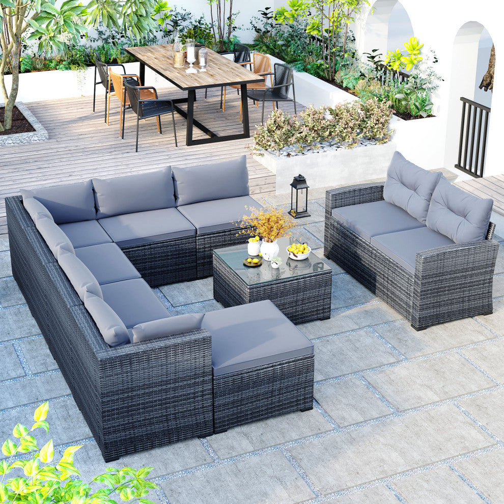 9 Pieces Outdoor Large Wicker Reversible Patio Sectional with Table and Cushions