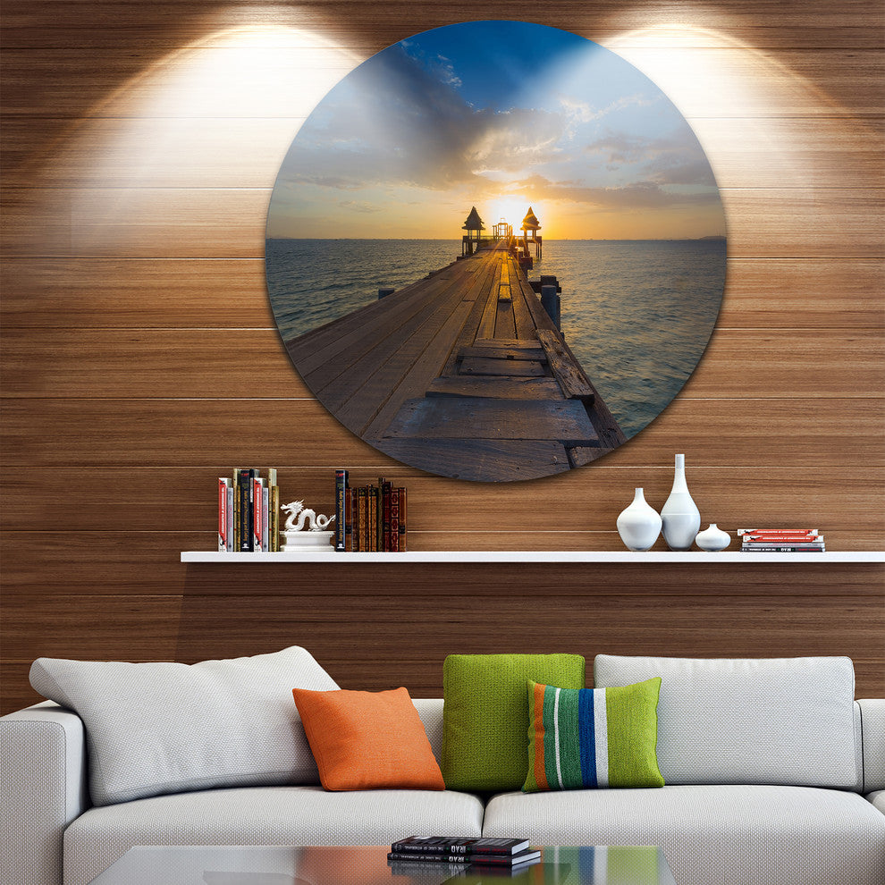 Huge Wooden Pier Into Setting Sun, Seascape Round Metal Wall Art, 11"