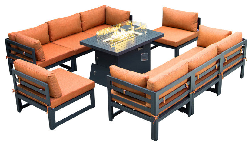 LeisureMod Chelsea 9-Piece Patio Sectional With Fire Pit Table, Orange