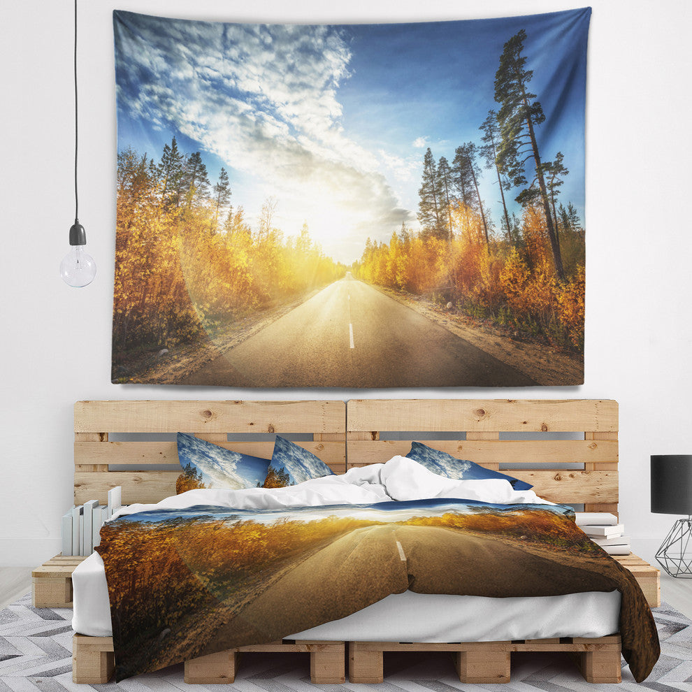 Road in Fall Forest Panorama Landscape Wall Tapestry, 60"x50"