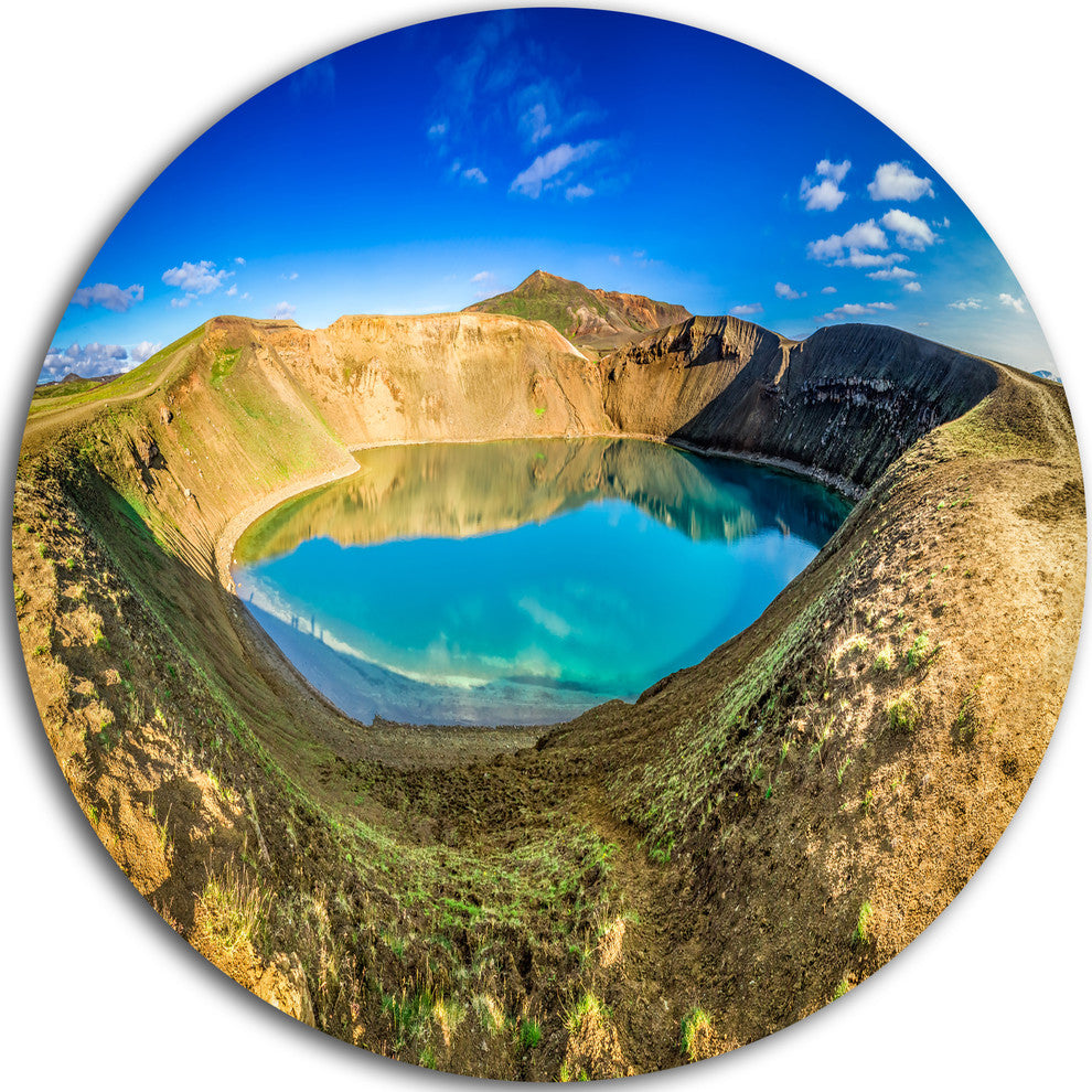Blue Lake In The Crater Of Volcano, Landscape Disc Metal Artwork, 38"