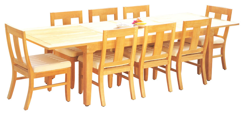 9-Piece Outdoor Teak Dining Set: 122" Ext Rectangle Table, 8 Osbo Armless Chairs