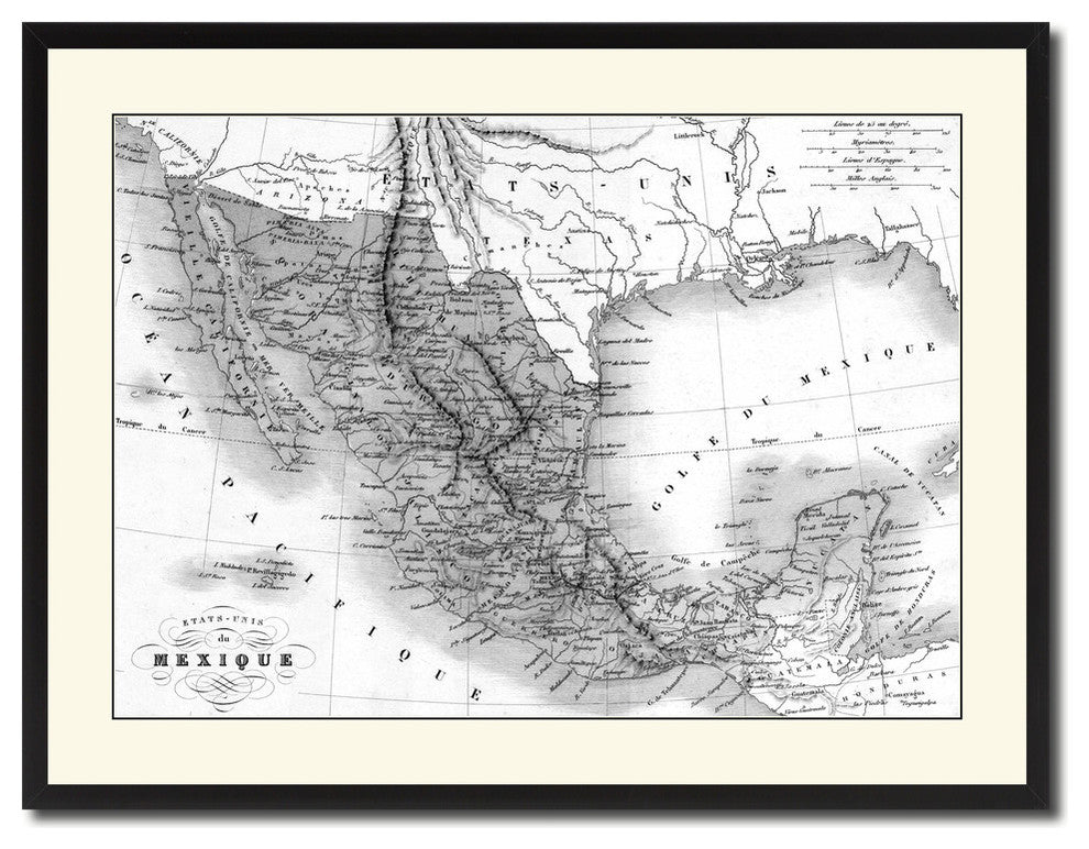 Mexico Vintage Map Print On Canvas With Black Custom Frame, 28" X 37"