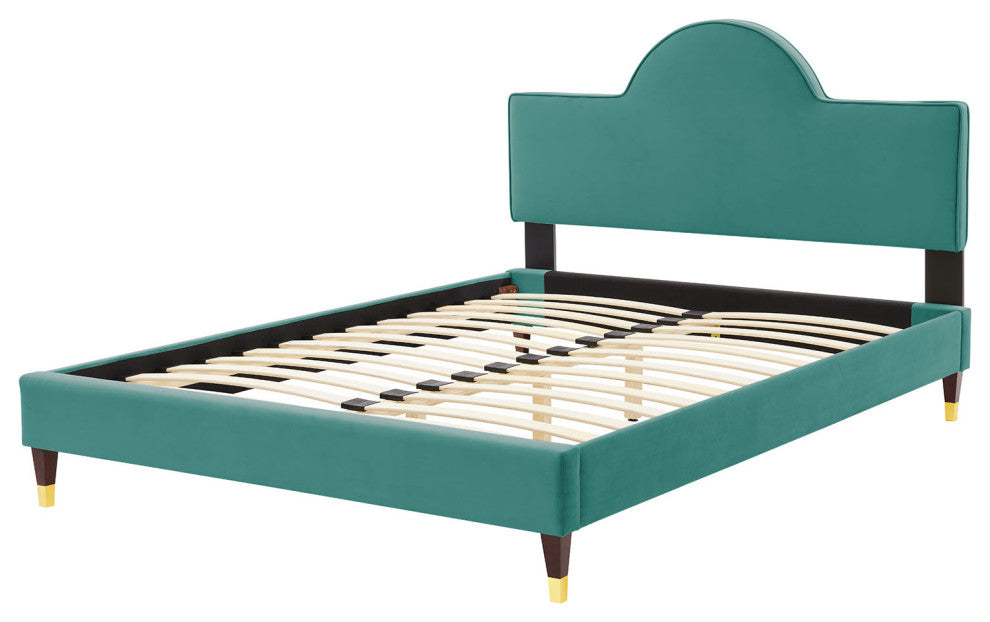 Platform Bed Frame, King Size, Teal Blue, Velvet, Modern, Bedroom Guest Suite