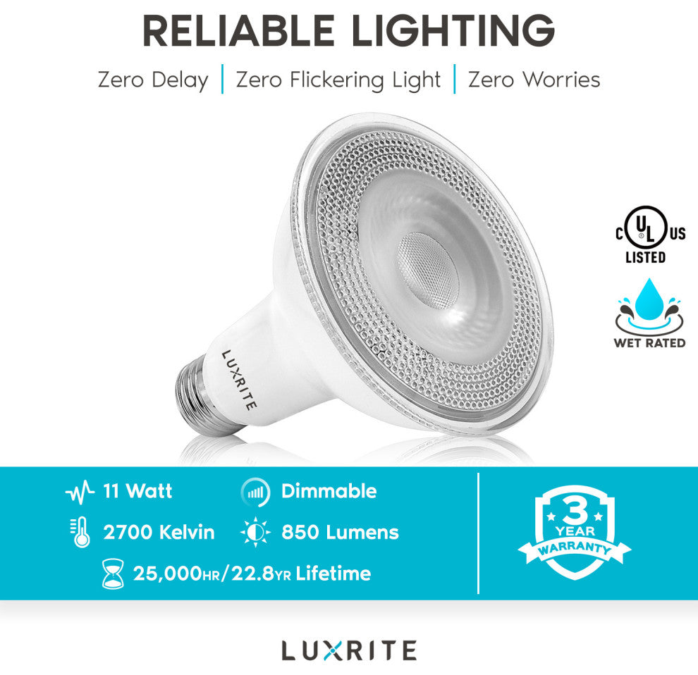 Luxrite LED PAR30 Flood Light Bulb 2700K Dimmable Wet Rated 12 Pack