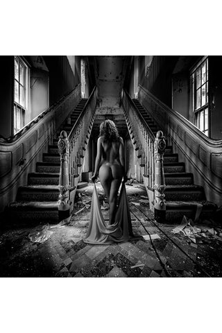 Woman, Ruined Building Monochrome Artwork S, Andrew Martin Sweet Memory