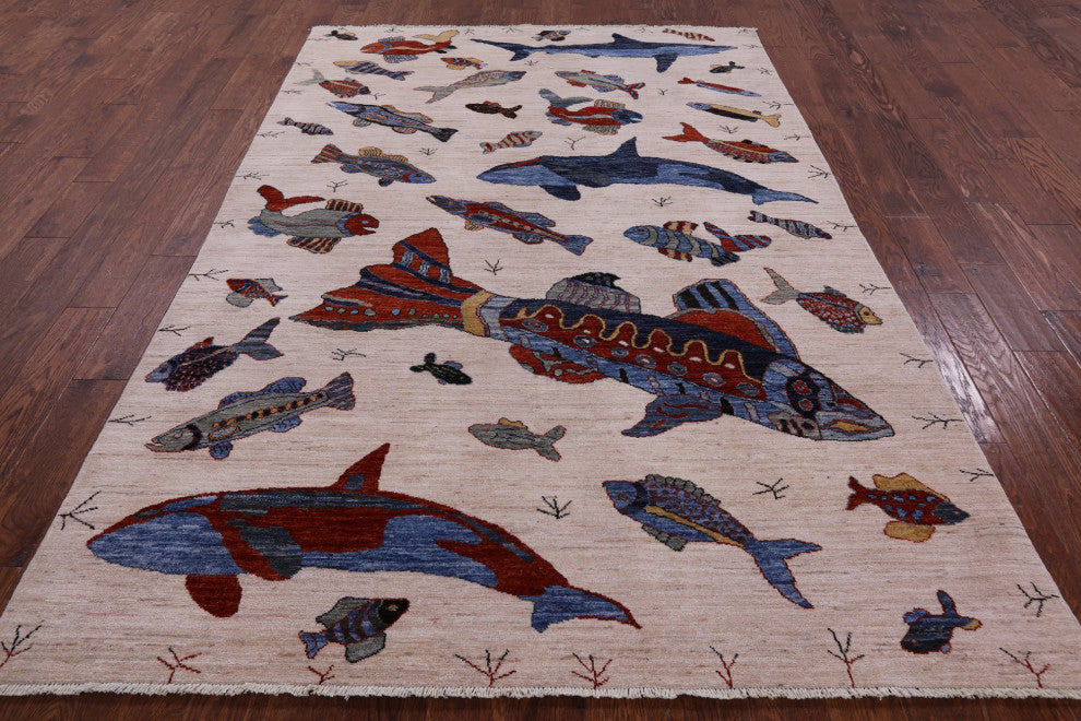6' 0" X 8' 10" Gabbeh Fish Design Handmade Wool Rug Q10398