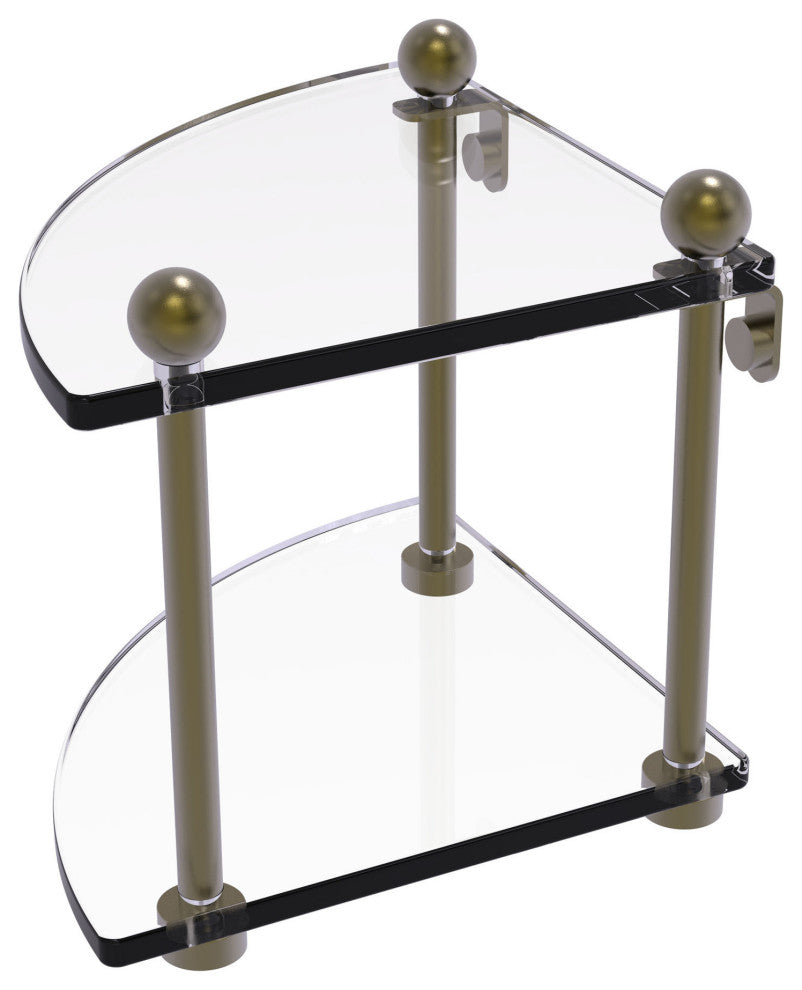 Two-Tier Corner Glass Shelf, Antique Brass