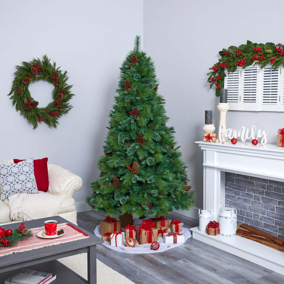 7' Montana Mixed Pine Faux Xmas Tree With Pine Cones, Berries & 500 Clear Lights