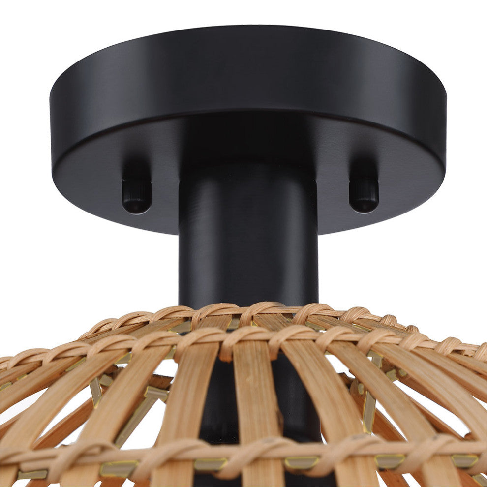13" W 1-Light Eclectic Natural Rattan and Bamboo Semi-Flush Mount Ceiling Light
