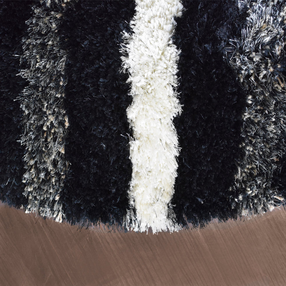 Hand Tufted Shag Polyester Area Rug Geometric Black Beige, 8'x8' Round
