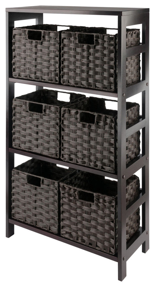 Leo 7-PieceStorage Shelf With 6 Foldable Woven Baskets, Espresso and Chocolate